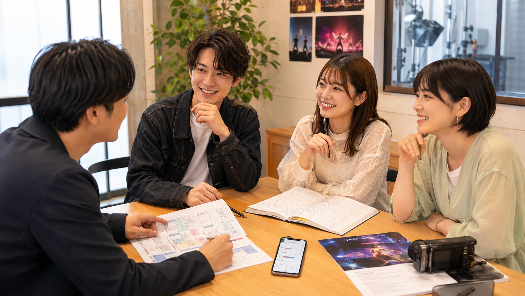 芸能活動の予定を共有する若手スタッフ