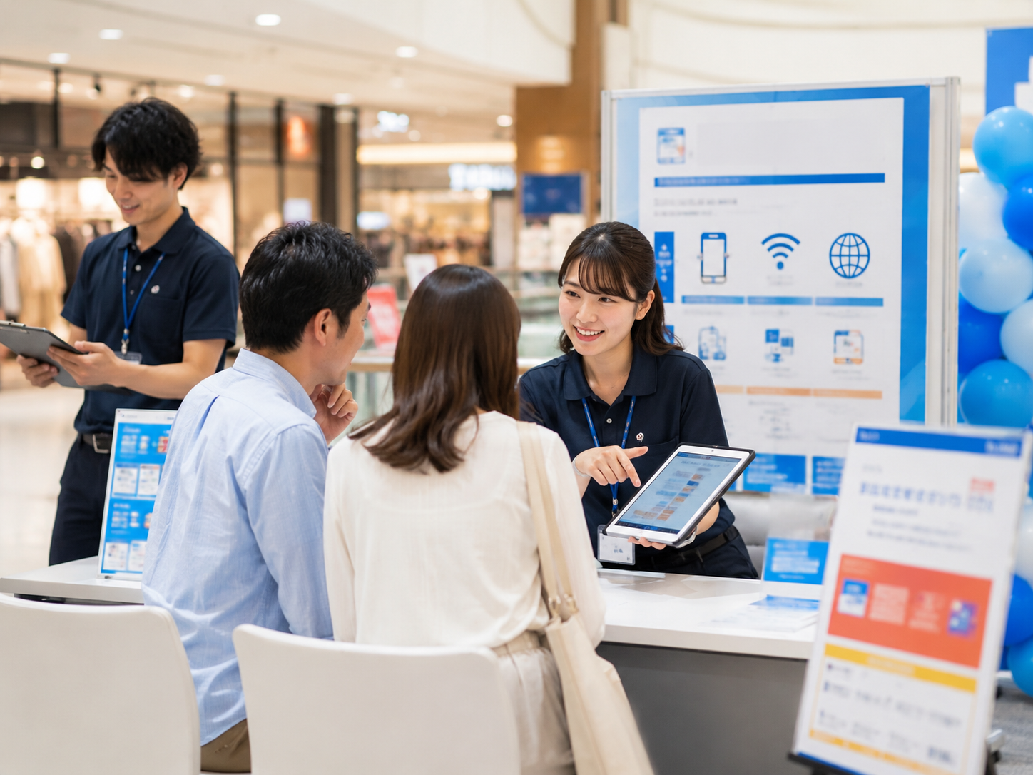 タブレットで案内する販売促進スタッフ